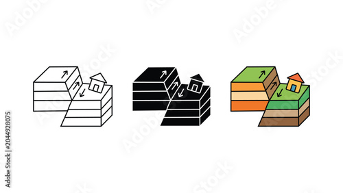 Quadro em tela Earthquake fault rupture icon set outline silhouette and color vector isolated o