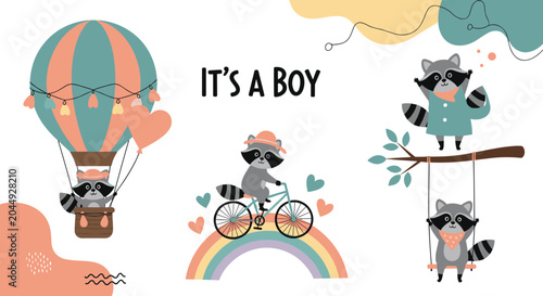 Cute raccoon baby shower card collection with elements like hot air balloon, bicycle on a rainbow, and a swing set.