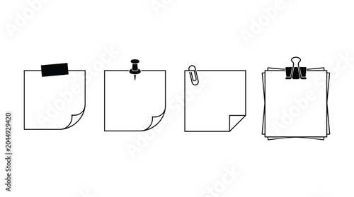 Set of assorted sticky notes and square memo papers attached with tape, thumbtacks and paperclips.