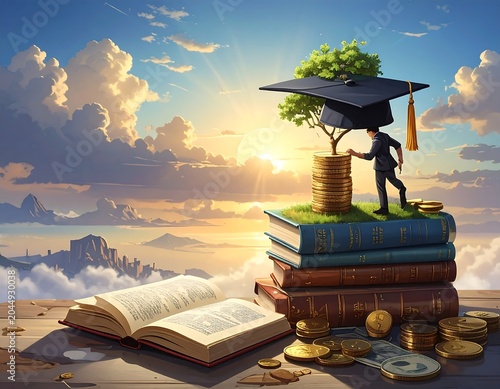 A surreal landscape with a stack of books supporting a tree wearing a graduation cap, with a person standing beside it, surrounded by coins and an open book, set against a vibrant sky with clouds