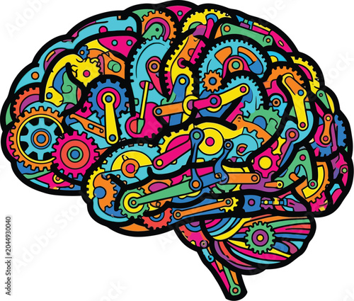 Vibrant human brain vector illustration featuring colorful mechanical interlocking gears and industrial cogs for a creative thinking design concept
