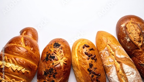 Assortment of golden-brown baked goods, varying shapes, on white