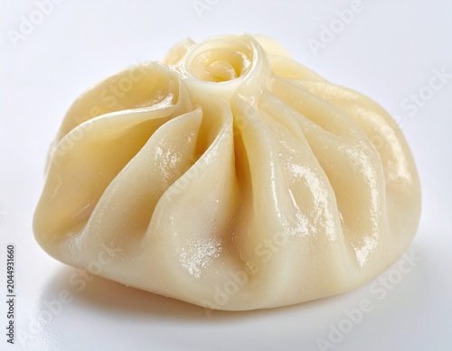 Steamed dumpling with delicate pleats, plump and filled, white background