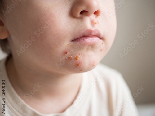 A professional photography close-up shot of a child's face around the mouth and nose showing Impetigo, characterized by highly contagious, honey-colored crusts over shallow, red sores, soft neutral li