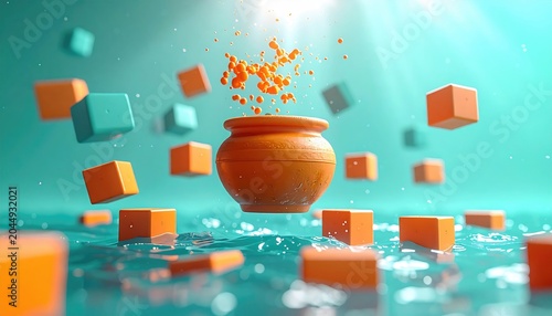 Orange pot erupts with particles amidst floating cubes on rippling water