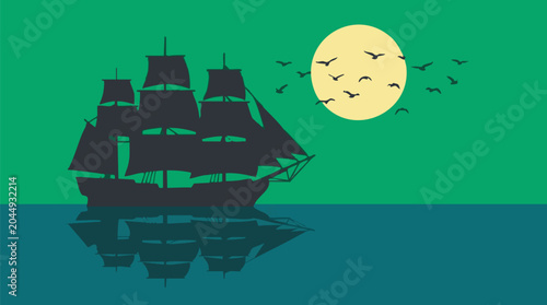 Obraz na plátne Night sailing: ship silhouette, full moon, and birds over the ocean