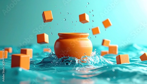 Orange cubes splash around a clay pot in vibrant teal water
