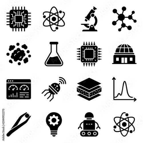 Tableau sur toile science and technology icons set microchip atom