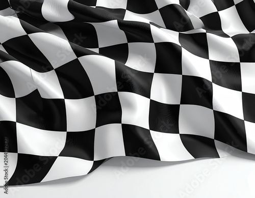 Wavy black and white checkered flag, close-up, conveying motion and victory