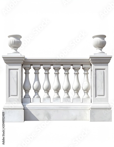 Ornate white stone balustrade with urns, white background