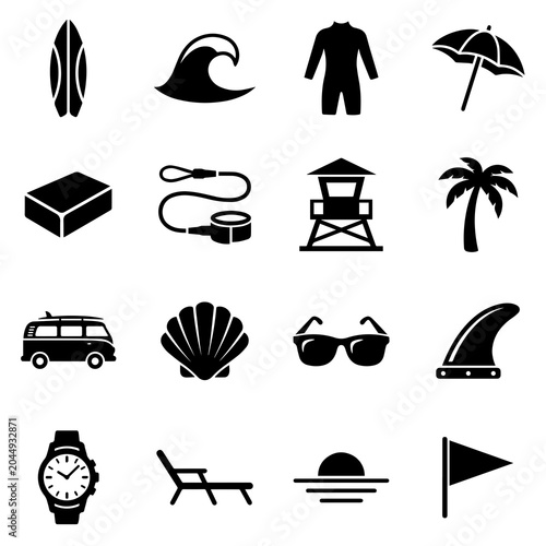Foto surfing icons set black and white surfboard