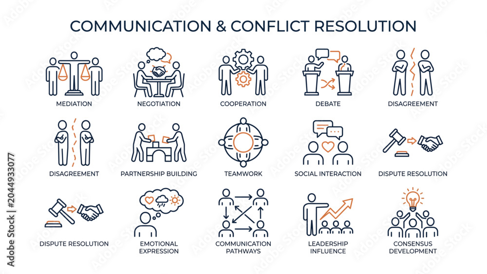 Fototapeta premium Communication and conflict resolution infographic with various business icons and concepts teamwork negotiation mediation