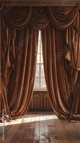 Rich brown velvet drapes frame a sunlit window and wooden floor