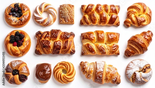 Assortment of golden-brown pastries, croissants, and fruit-topped buns