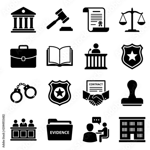 Принти на полотні legal icons set flat black judge gavel