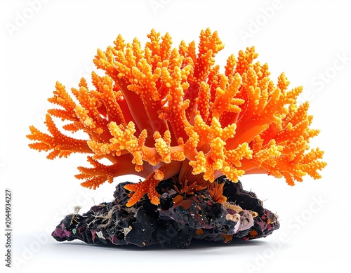 Bright orange branching coral mounted on dark textured rock