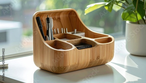 Natural wood desk organizer holding pens, papers, and phone