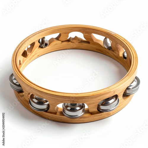 Round wooden percussion instrument with metal jingles