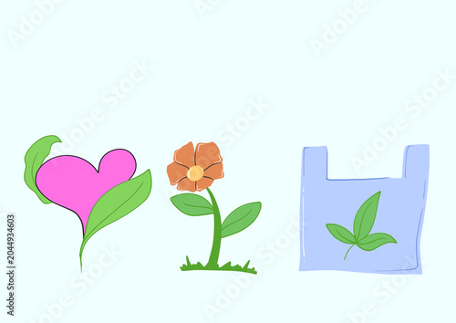 Stylized Illustrations of a Leafy Heart, Blooming Flower, and an Eco friendly Bag
