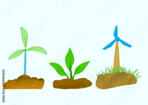 Wind Turbines and Plant Growth Concept