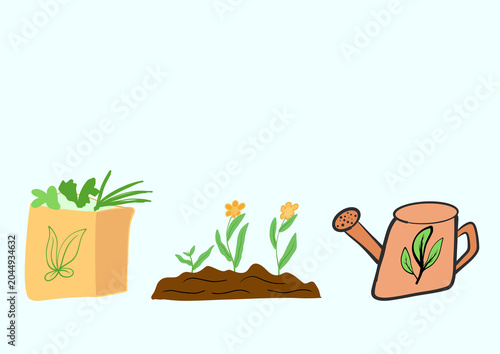 Illustration of Planting and Growth a Watering Can and Potted Herbs
