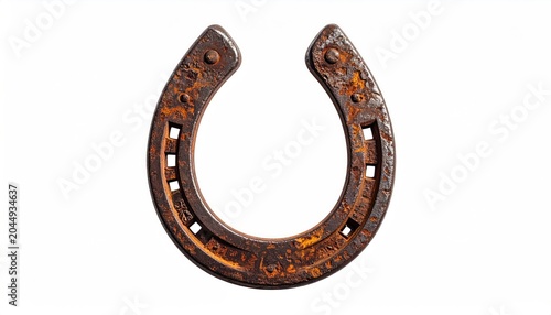 Aged, weathered metal horseshoe on a stark white background