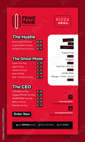 Food menu in red and white background for hot dog menus with price list design