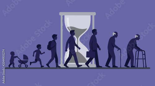 Photos Human Life Cycle and Aging Process from Infancy to Old Age with Hourglass