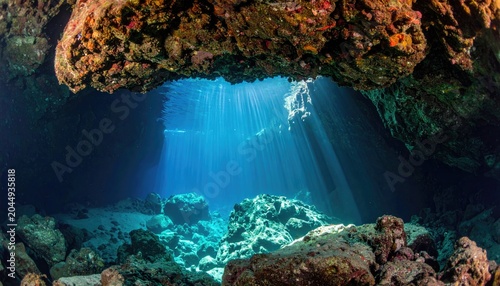 Sunbeams pierce underwater cave, illuminating rocks and clear blue depths