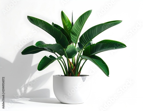Lush, large-leaved tropical plant in a modern white planter against a plain wall
