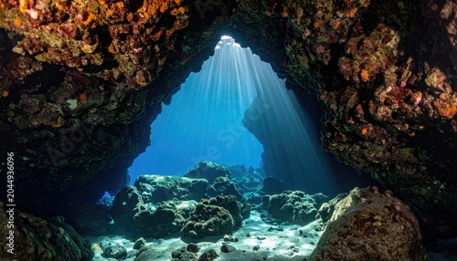 Sunbeams pierce underwater cave, illuminating coral formations and seabed