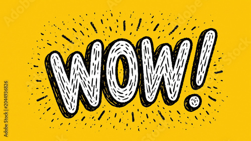 Pop art comic book style word WOW with exclamation point in textured hand-drawn lettering on a bright yellow background created with Generative AI Technology, ai, generative