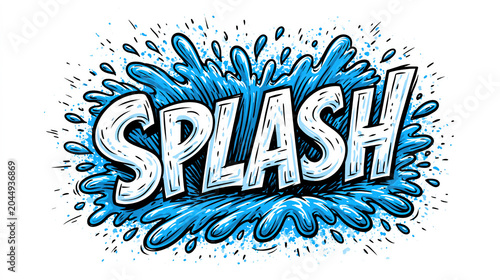 Pop art comic book style word SPLASH in textured hand-drawn lettering with blue water explosion on a white background created with Generative AI Technology, ai, generative