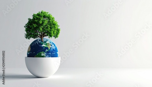 A tree grows from a globe balanced in a white hemisphere on a white background