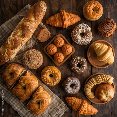 Assorted Fresh Bakery Products on Rustic Wooden Table – Croissants, Donuts and Bread