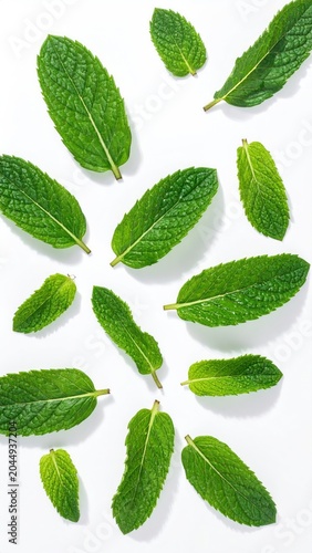 Fresh green leaves scattered on a white surface, natural, organic, and vibrant