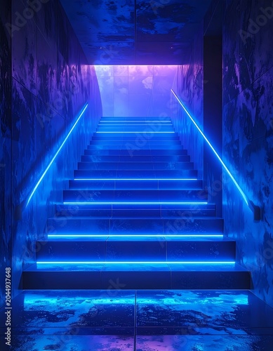 A dimly lit staircase with blue neon lights on the steps and handrails leading to a bright purple exit