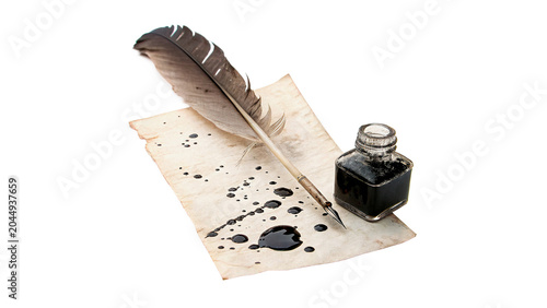 Photos Vintage letter writing set with feather quill inkwell and scroll isolated on tra