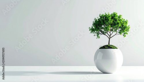Small green tree flourishes in a minimalist white spherical pot