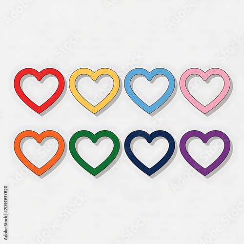 Colorful heart shapes in different colors on white background.