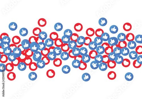 Fotografija Many blue thumbs up and red heart social media reaction icons scattered