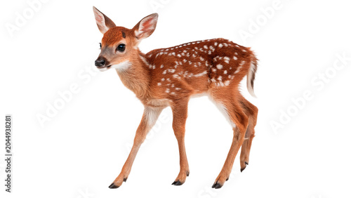 Fotografie Beautiful baby deer fawn standing gracefully looking forward isolated on transpa