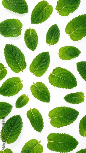 Vibrant green leaves scattered across a clean white background