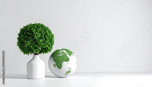 Lush green tree in vase next to globe on white surface