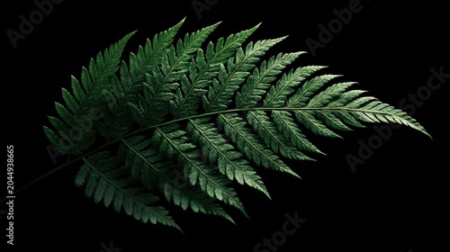 Large green fern leaf resting on a dark background showing intricate patterns and details of the leaf structure in natural light