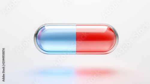 Red and blue capsule floating in the air against a white background in a simple setting