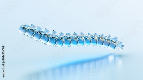 Glass spine model displayed on light blue background showing vertebrae in detail and structure for educational purposes