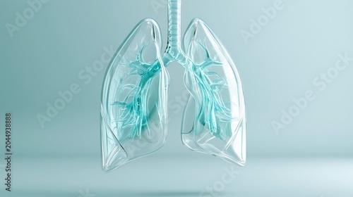Transparent lungs model shows internal structures with blue highlights in a medical display setting for educational purposes