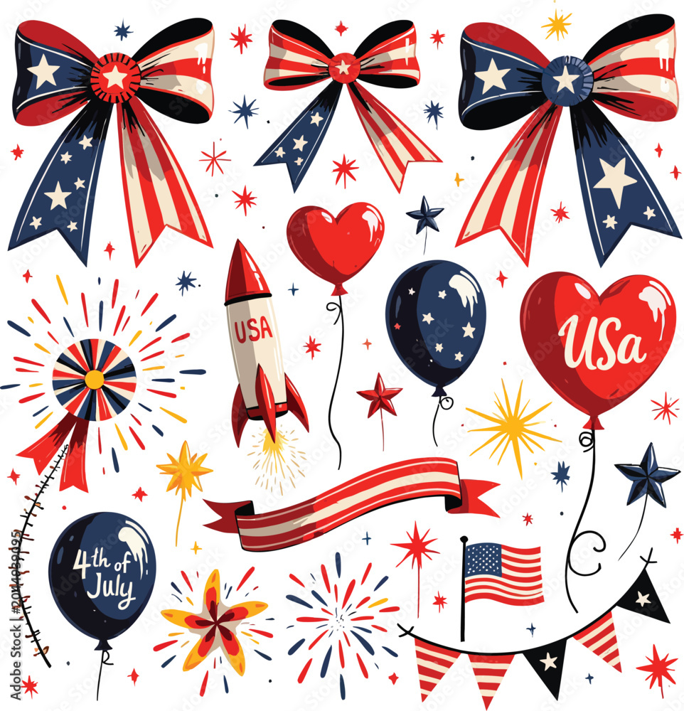 Obraz premium Patriotic Celebration Vector Illustration With Fireworks Balloons And American Flags