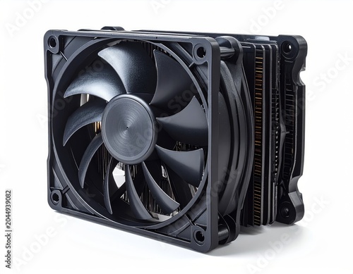 Black computer fan with metal fins, detailed side view
